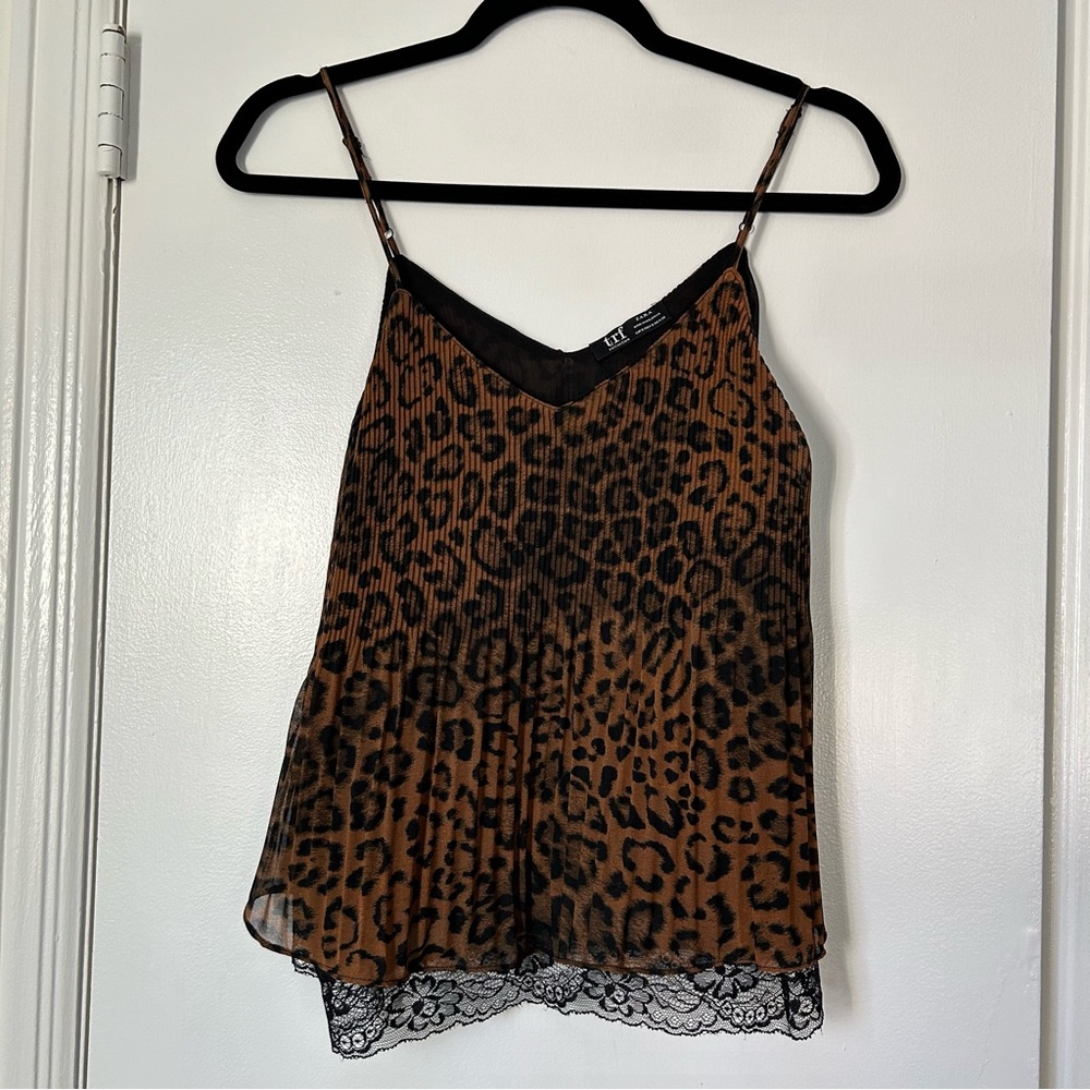 Zara Trafaluc Leopard Pleated Sleeveless Cami with Lace Trim Size S